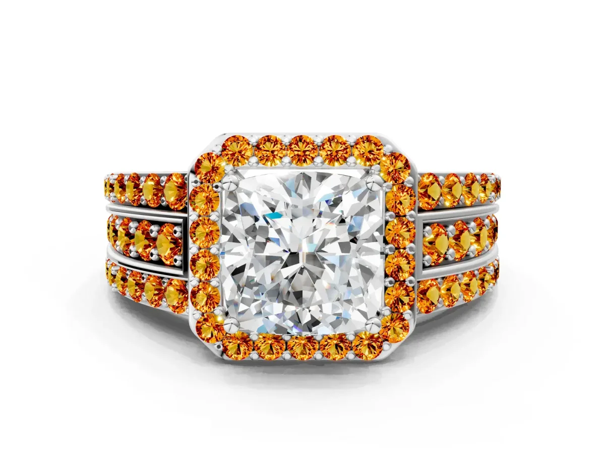 Cushion Cut Halo Diamond Ring with Round Citrine Split Shank and Prong Setting Platinum
