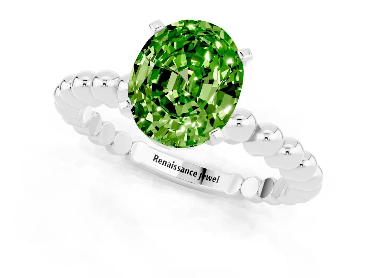 Oval Cut Peridot Solitaire Ring with Beaded Band and Prong Setting Platinum