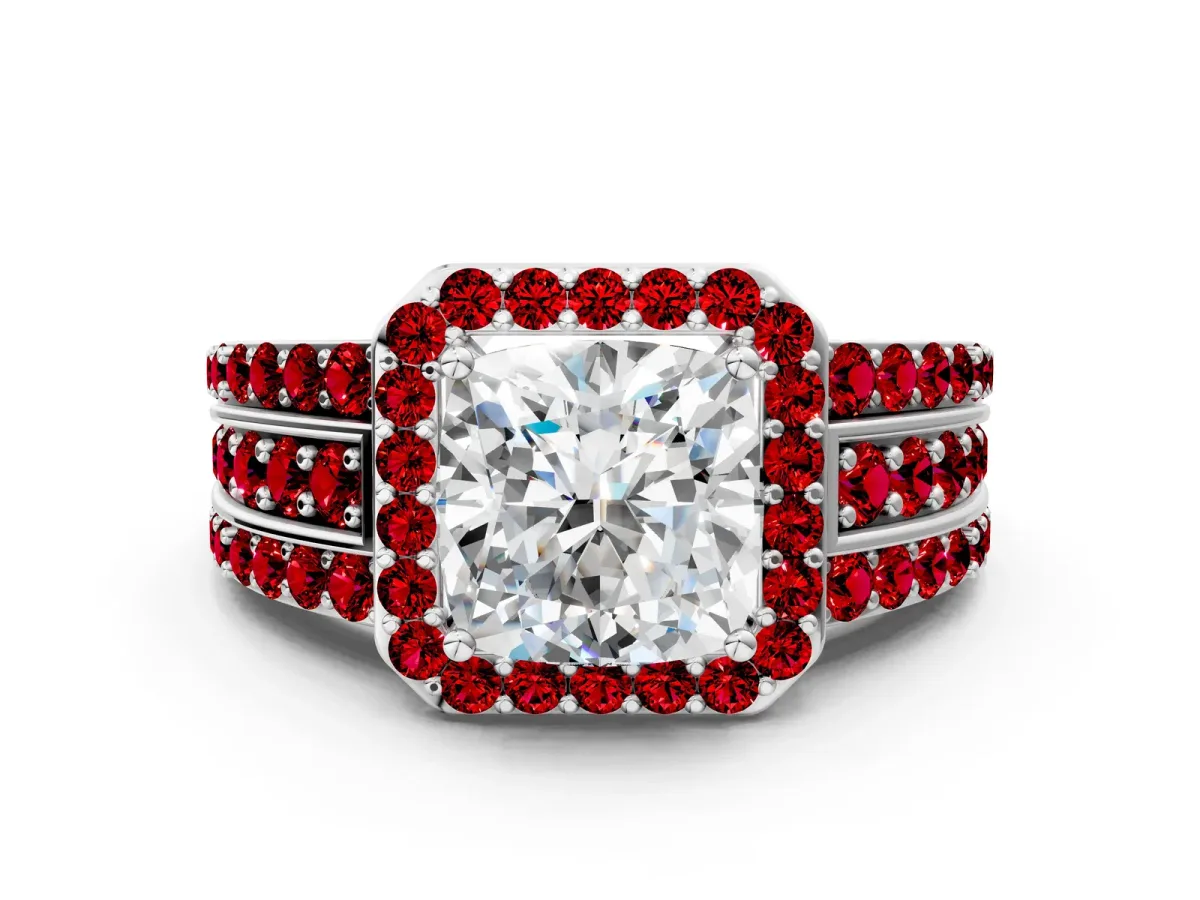 Cushion Cut Halo Diamond Ring with Round Ruby Split Shank and Prong Setting Platinum