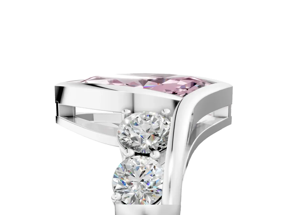 Fancy Pink Bezel Set Marquise Cut Diamond Bypass Ring with Round Accents Silver