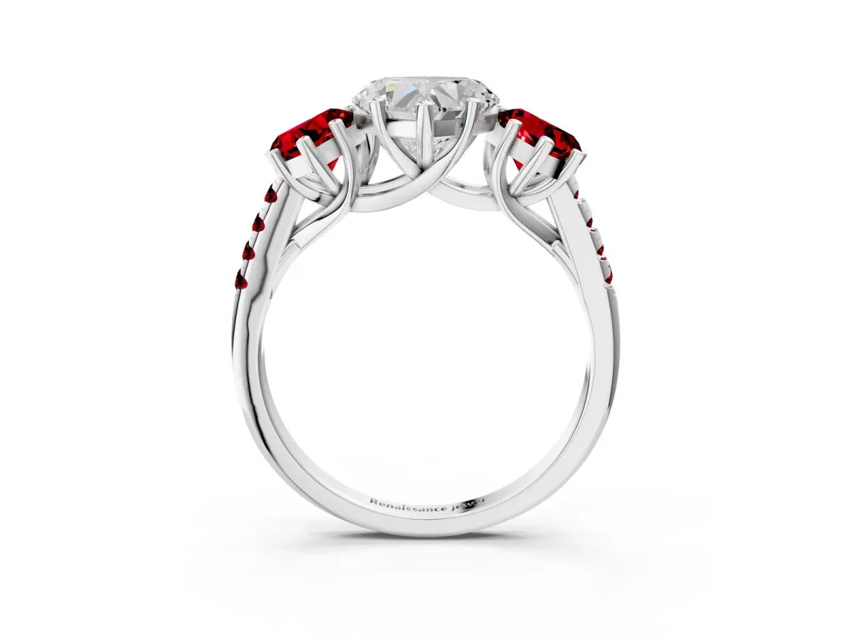Three-Stone Heart Cut Diamond Ring with Round Ruby Pavé Band and Prong Setting Silver