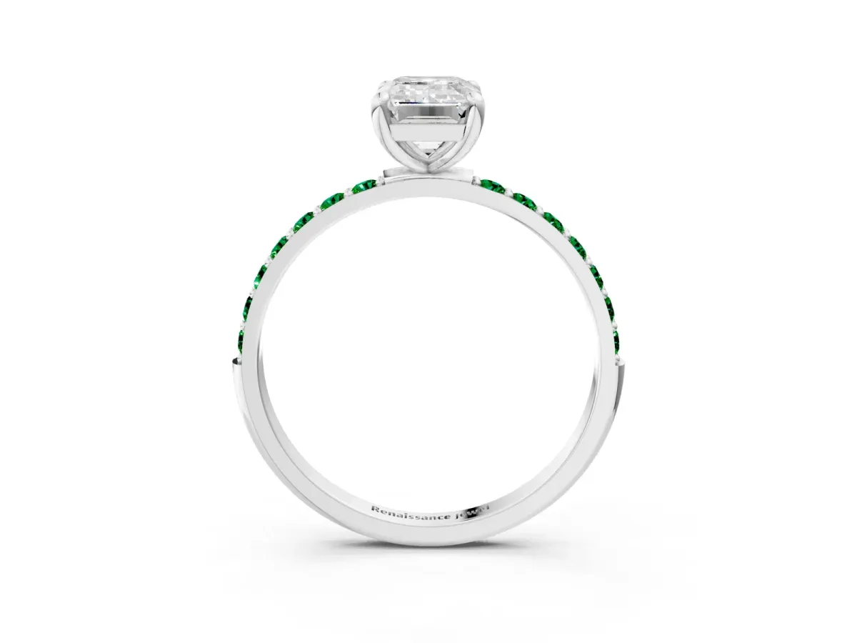 Emerald Cut Diamond Solitaire Ring with Round Emerald Pavé Band and Prong Setting Platinum