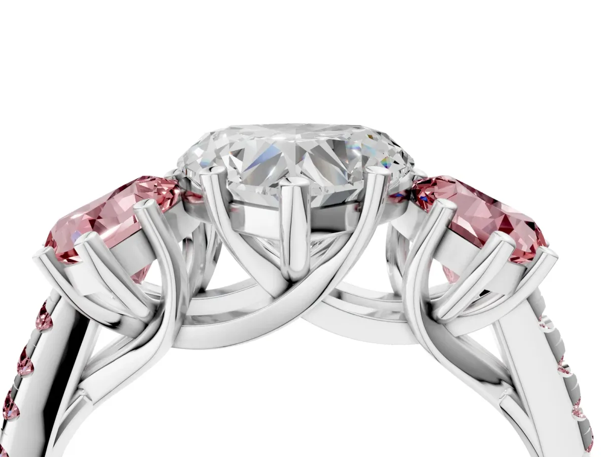 Three-Stone Heart Cut Diamond Ring with Round Morganite Pavé Band and Prong Setting Silver