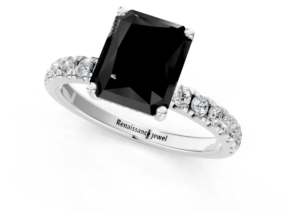 Fancy Black Radiant Cut Diamond Pave Band Solitaire Ring with Round and Prong Setting Silver