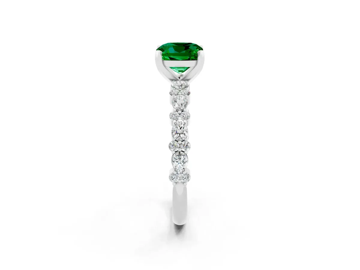 Cushion Cut Emerald Side Stone Solitaire Ring with Round and Four-Prong Setting Platinum