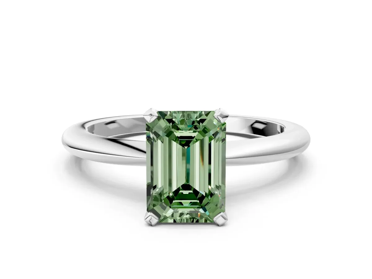 Fancy Green Emerald Cut Diamond Solitaire Ring with Six-Prong Setting and Classic Band Silver