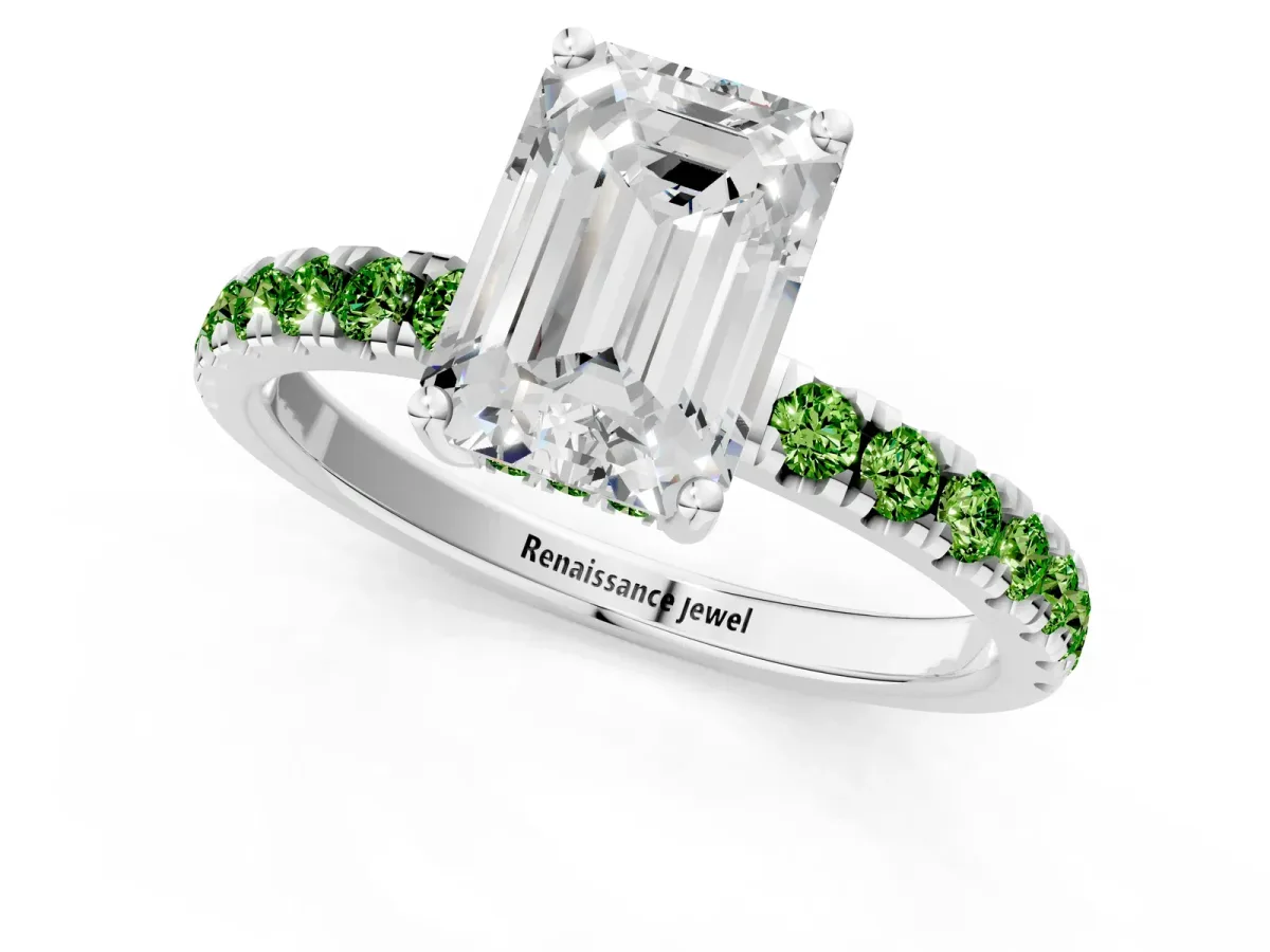 Emerald Cut Diamond Pave Band Solitaire Ring with Round Peridot and Prong Setting Silver