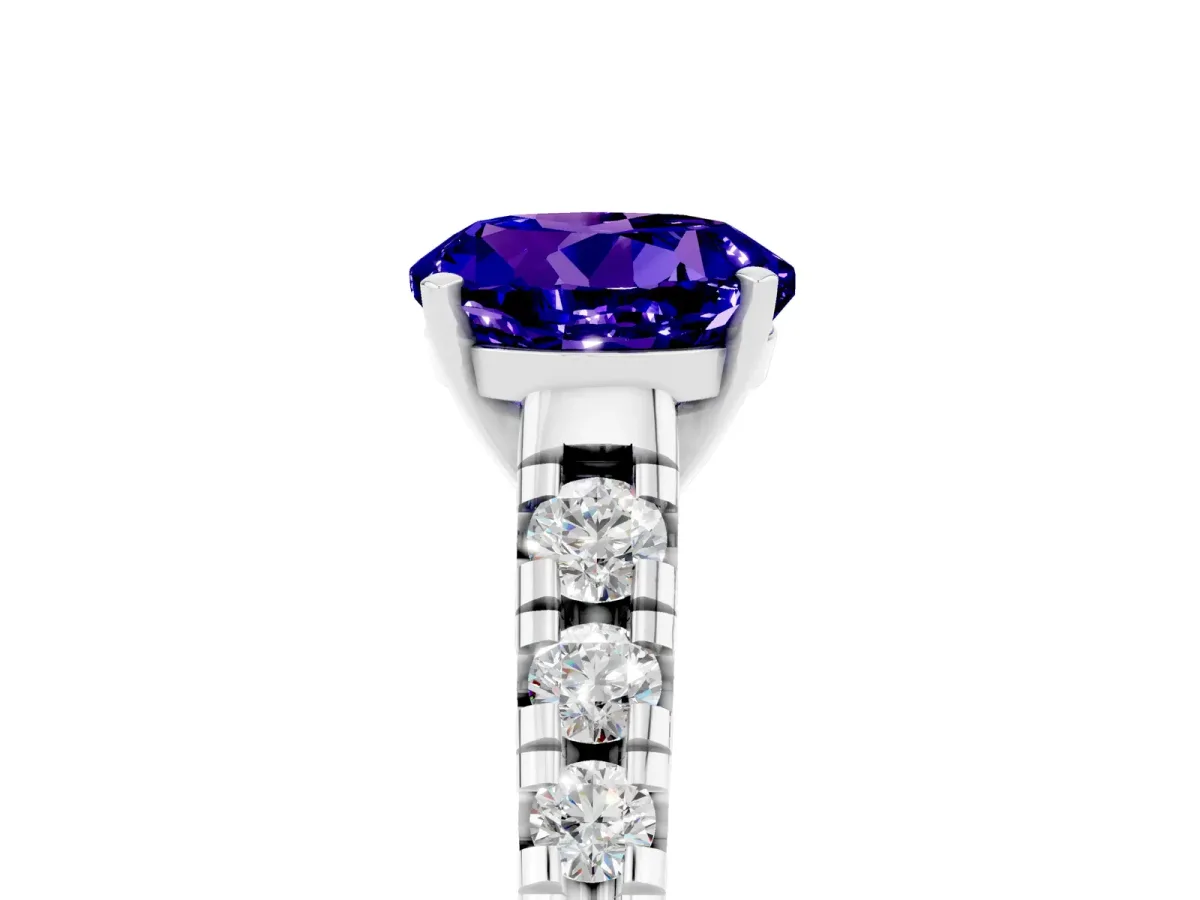 Round Cut Tanzanite Cathedral Solitaire Ring with Round Pavé Band Silver