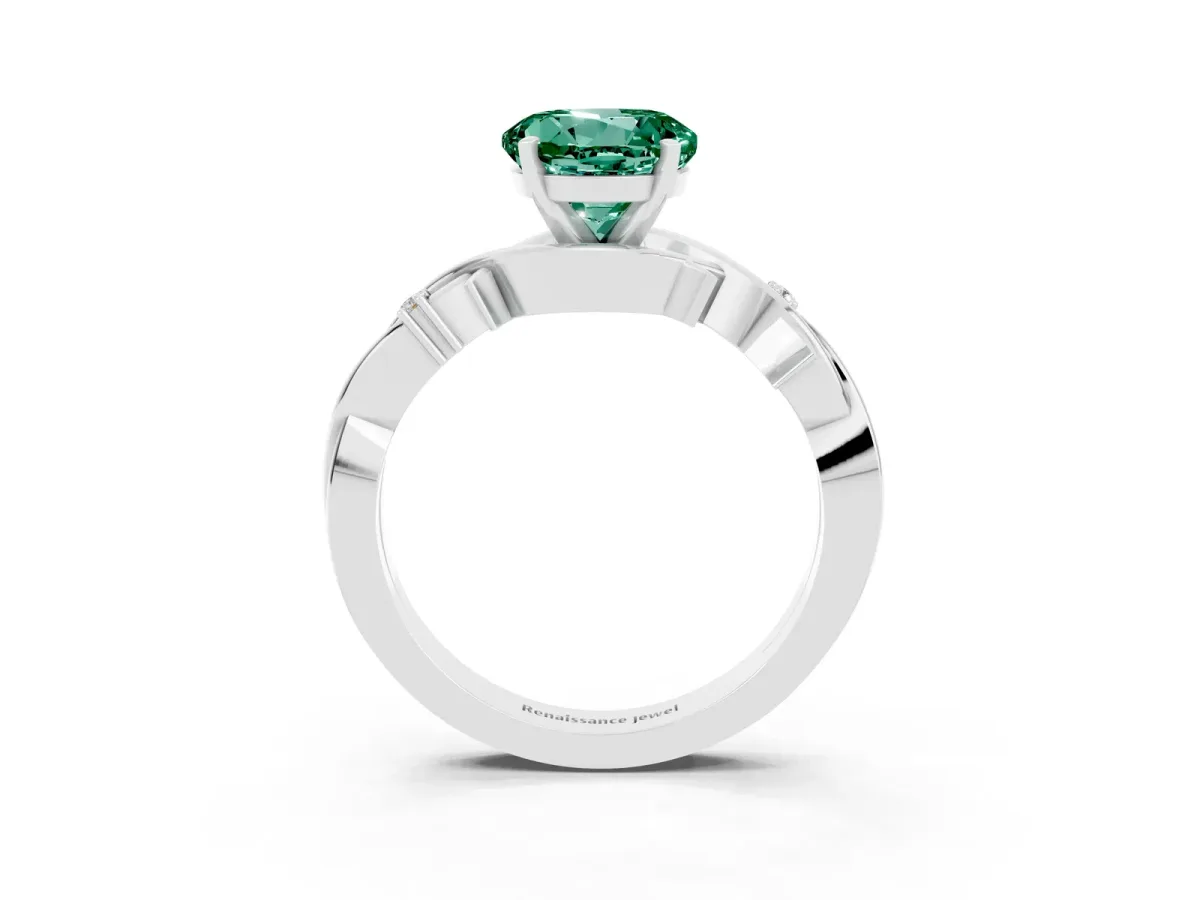 Round Cut Green Sapphire Solitaire Ring with Twisted Band and Prong Setting Platinum
