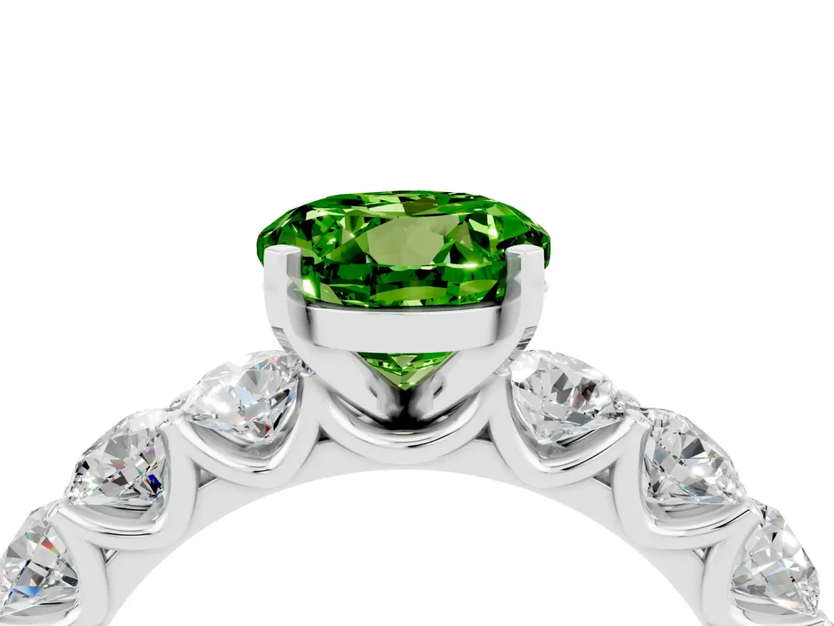 Round Cut Peridot Prong Setting with Side Stones on a Pave Band White gold