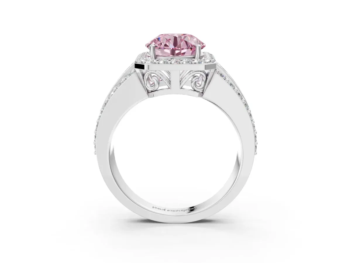 Fancy Pink Round Cut Halo Diamond Ring with Round Split Shank and Prong Setting Silver