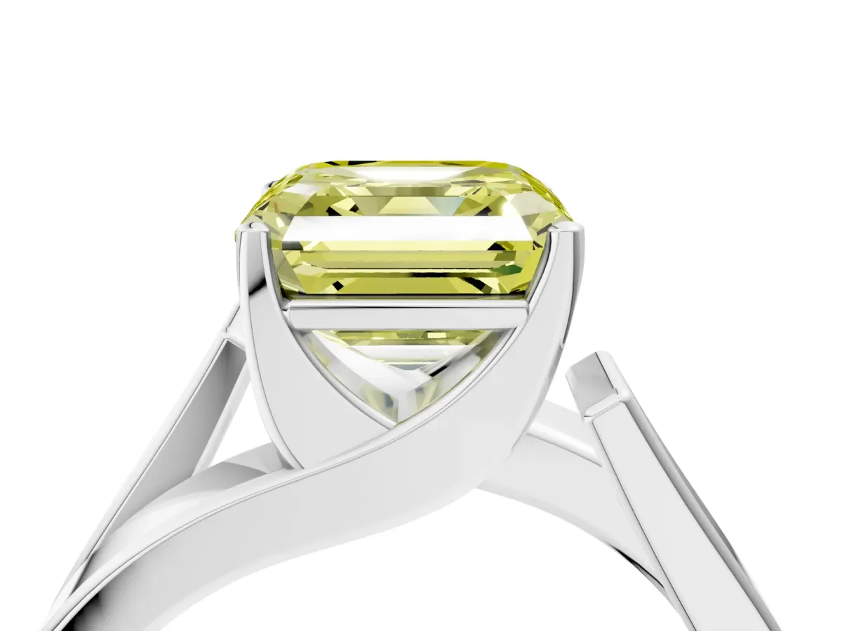 Fancy Yellow Modern Tension Set Asscher Cut Diamond Solitaire Wide Band Ring Silver