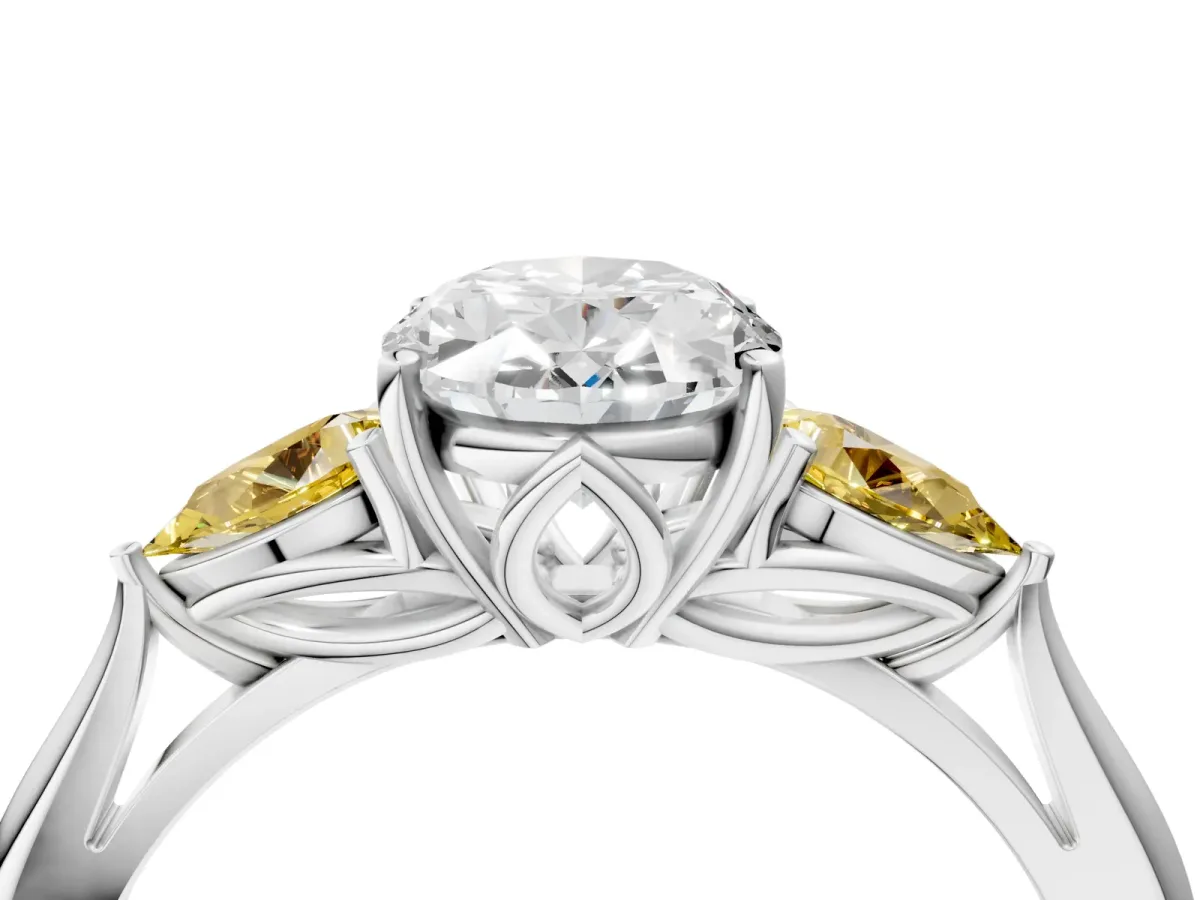 Oval Cut Diamond Three-Stone Ring with Pear Yellow Sapphire Side Stones and Prong Setting Silver