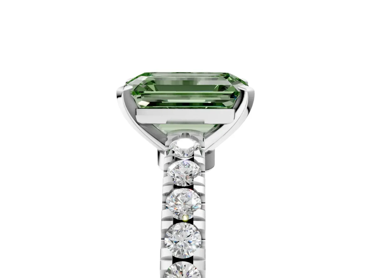 Fancy Green Emerald Cut Solitaire Diamond with Pavé Band and Four-Prong Setting Silver