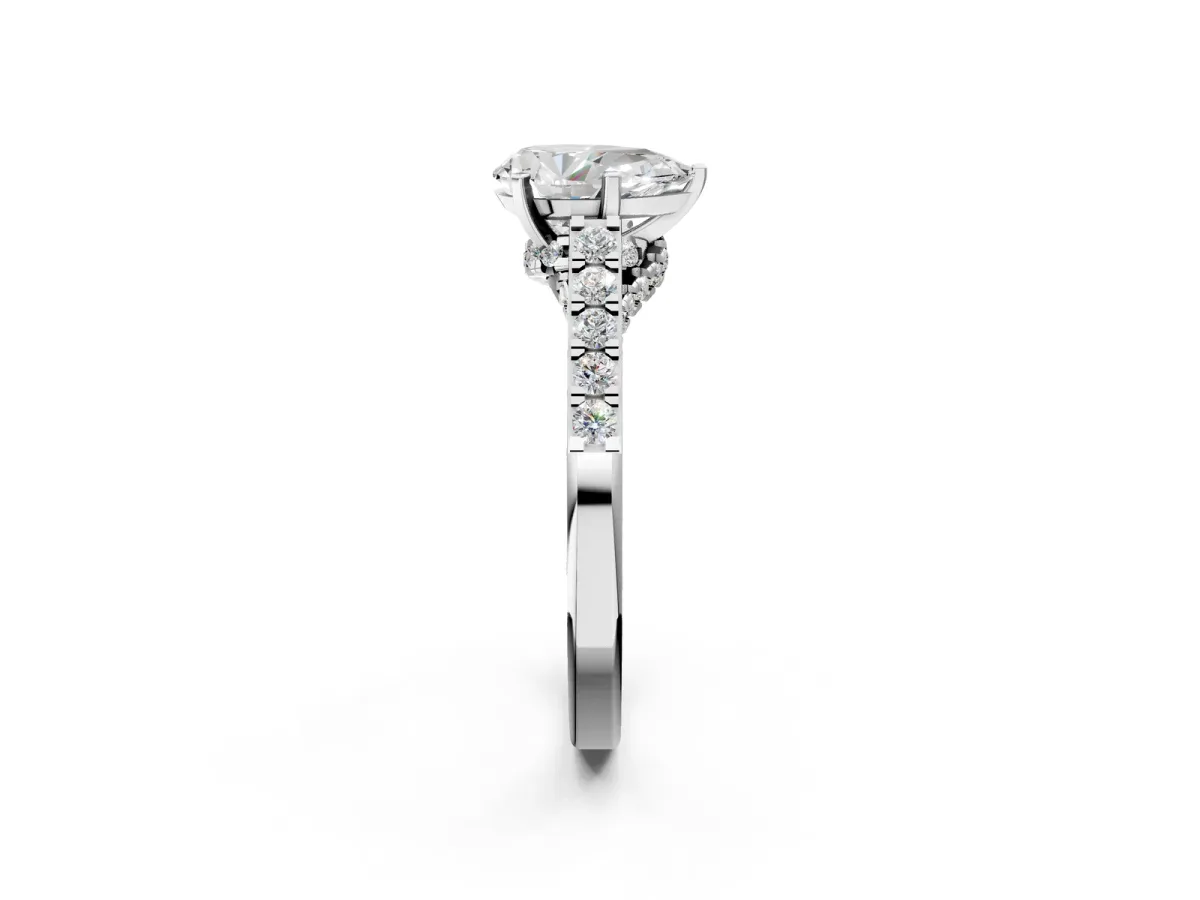Pear Cut Diamond Solitaire Ring with Crossover Gallery and Round Pavé Band Silver