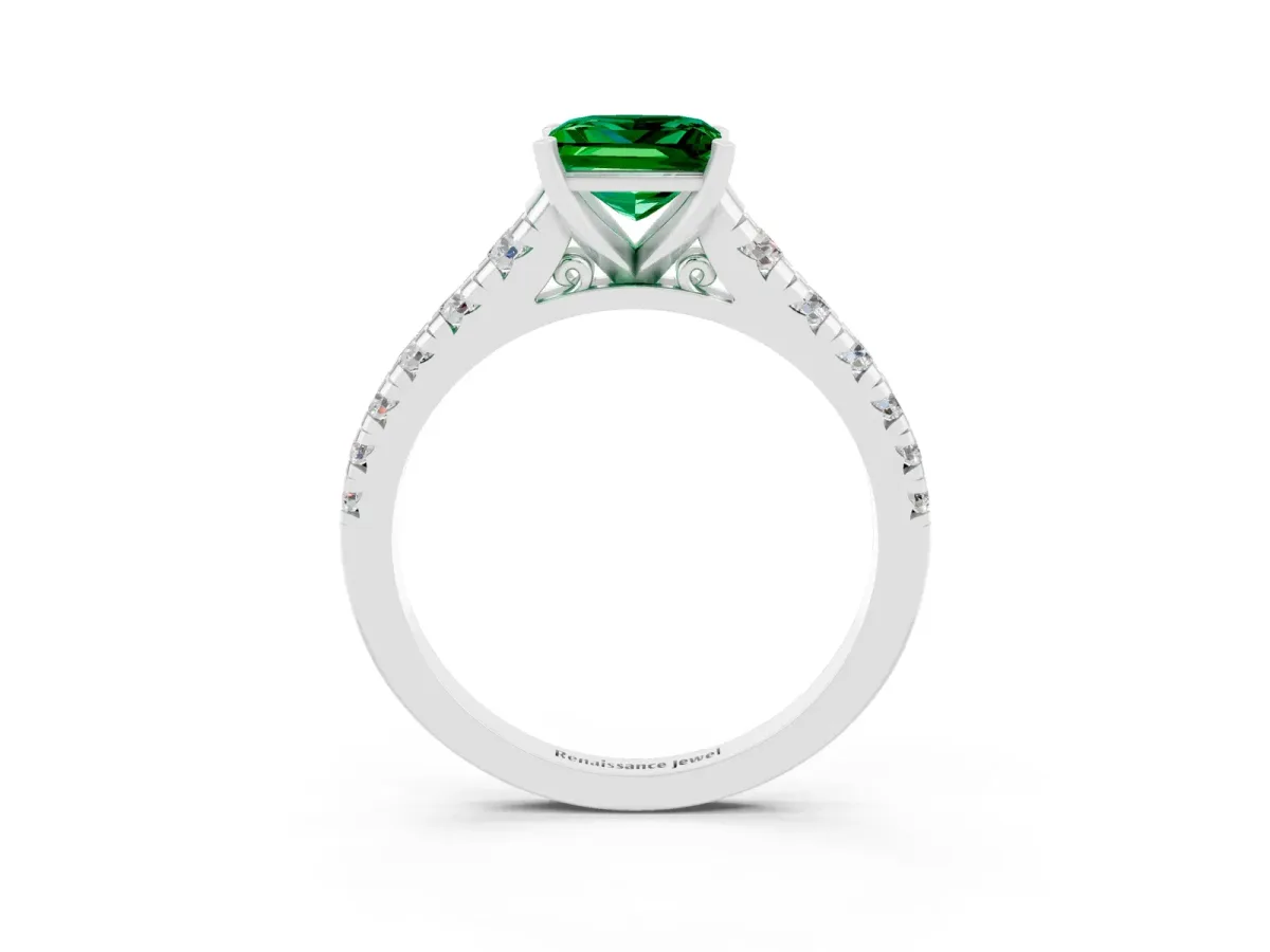 Princess Cut Emerald Cathedral Solitaire Ring with Round Pavé Band Platinum
