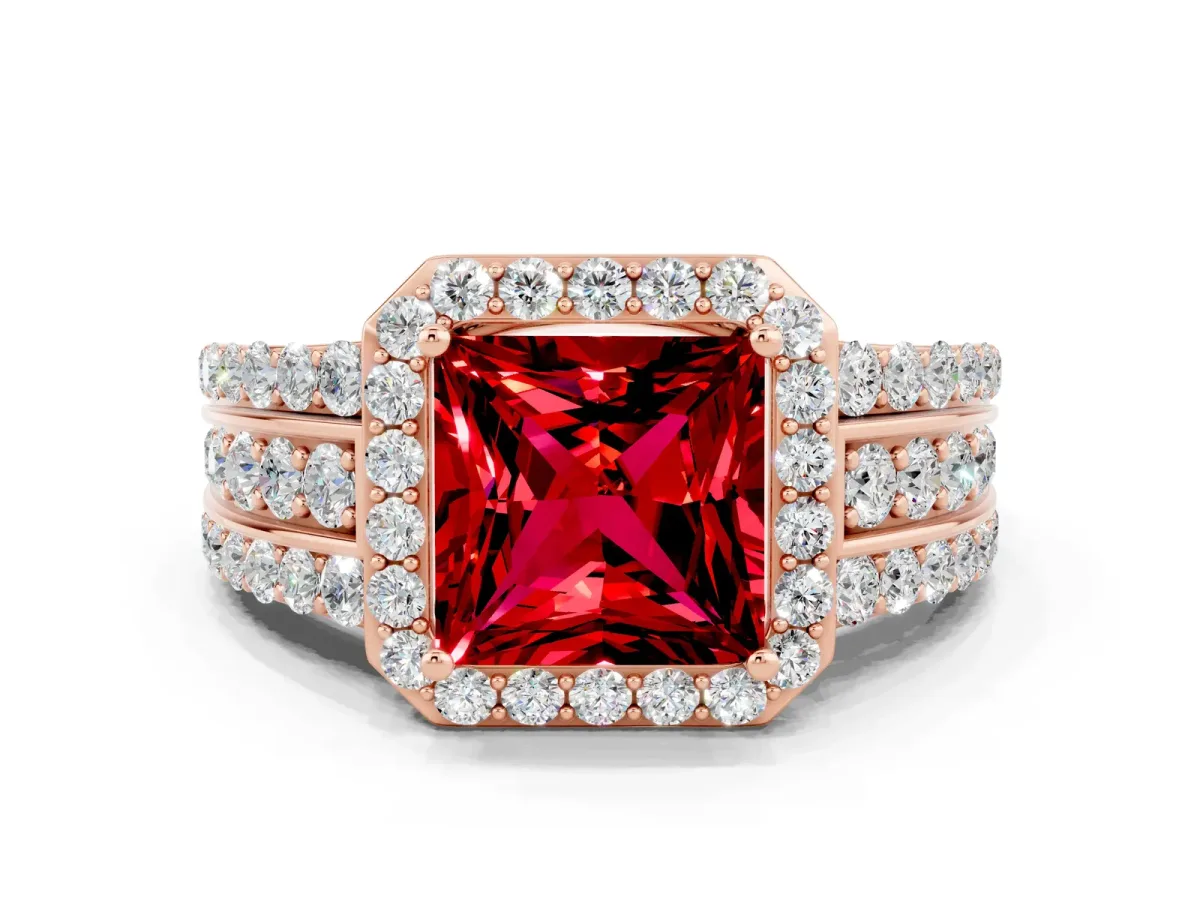 Princess Cut Halo Ruby Ring with Round Split Shank and Prong Setting Rose gold