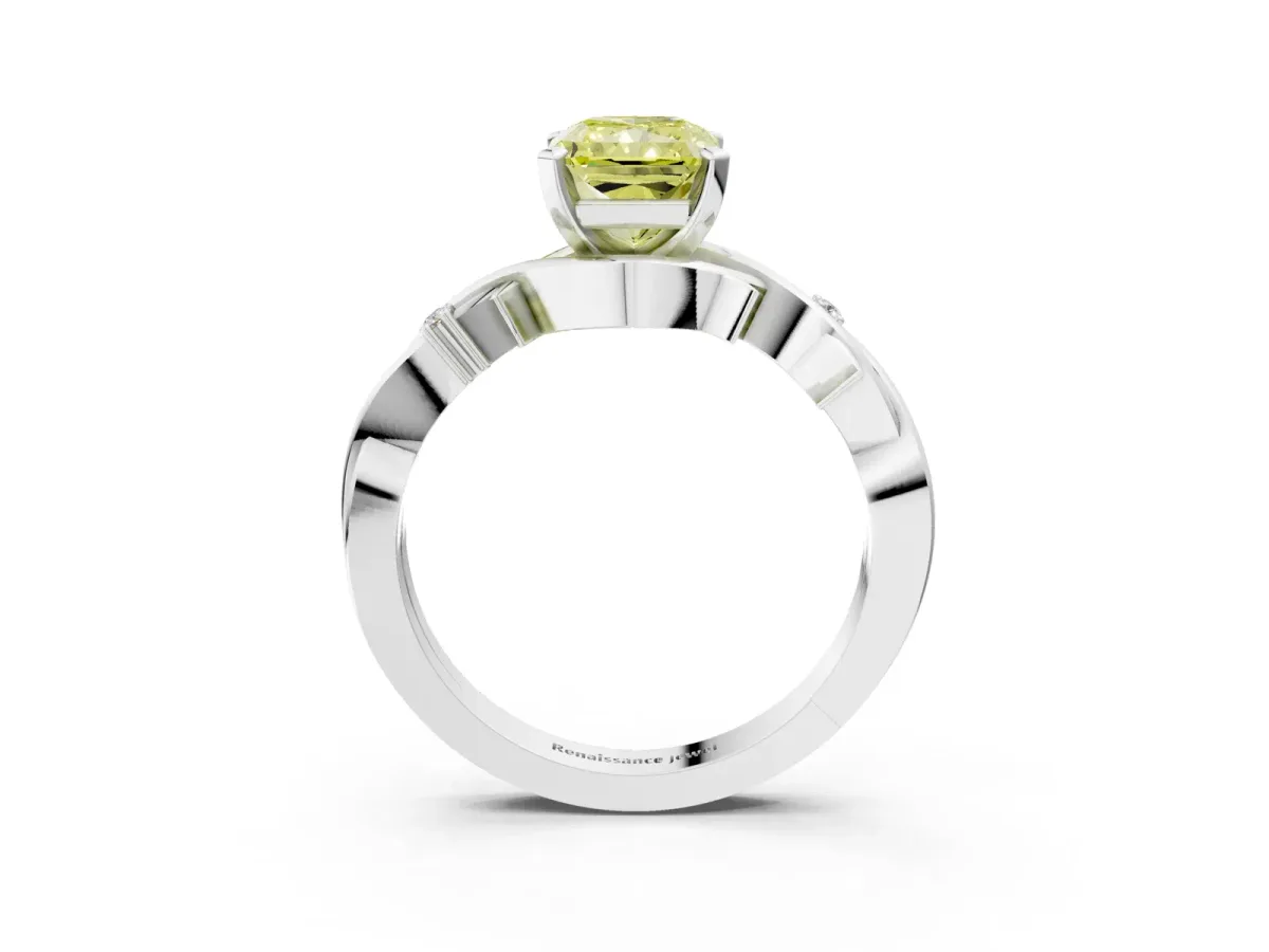 Fancy Yellow Radiant Cut Diamond Solitaire Ring with Twisted Band and Prong Setting Silver