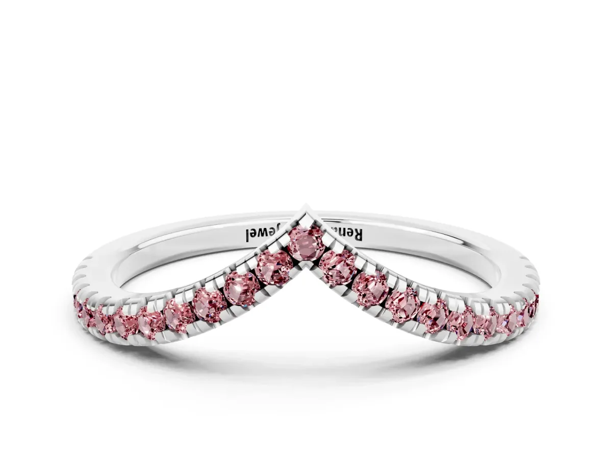 Pavé Round Morganite V-Shaped Chevron Band with Shared Prong Setting Silver