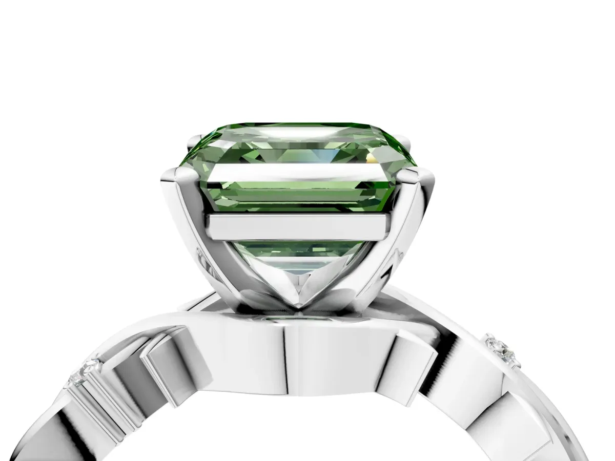 Fancy Green Asscher Cut Diamond Solitaire Ring with Twisted Band and Prong Setting Silver