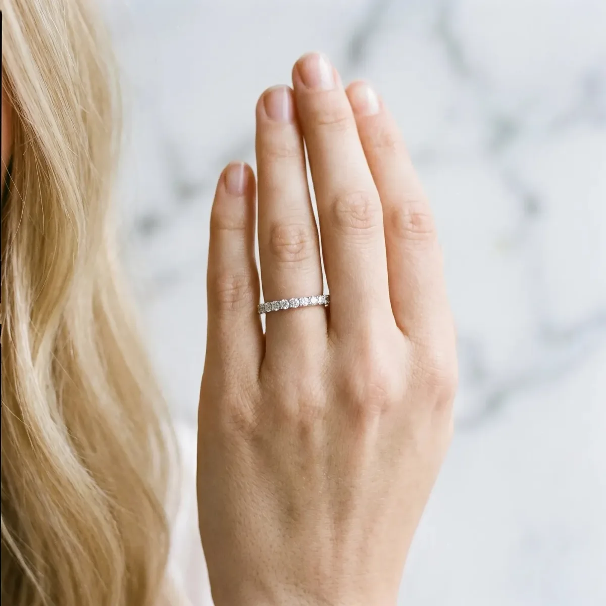 Round Cut Diamond Pavé Eternity Band with Micro Prong Setting Silver