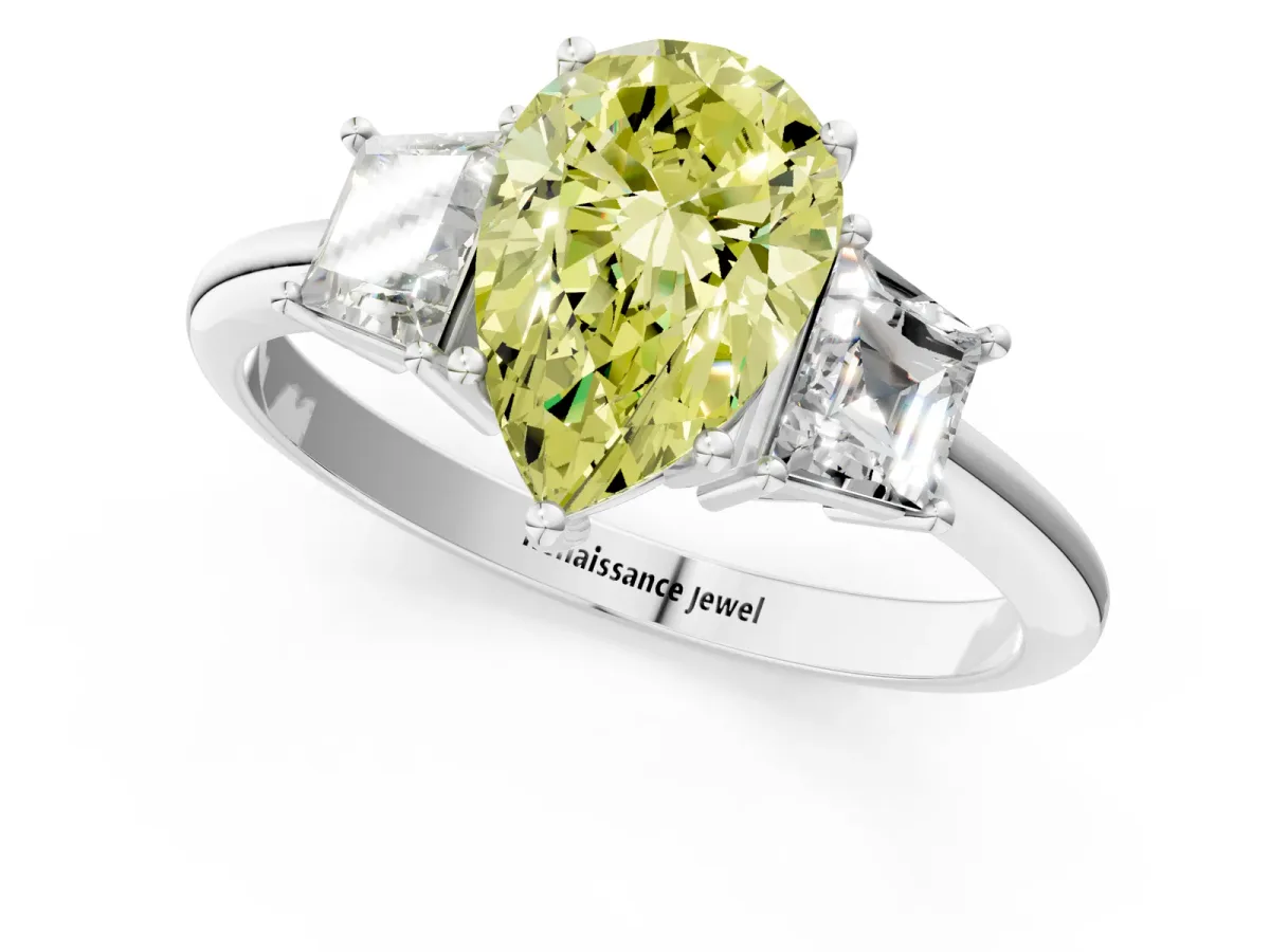 Fancy Yellow Pear Cut Diamond Three-Stone Ring with Trapezoid Side Stones and Prong Setting Platinum