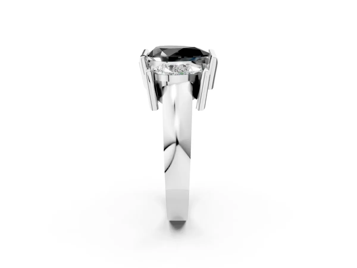 Fancy Black Three Stone Pear Cut Cut Channel Set Diamond Ring Silver