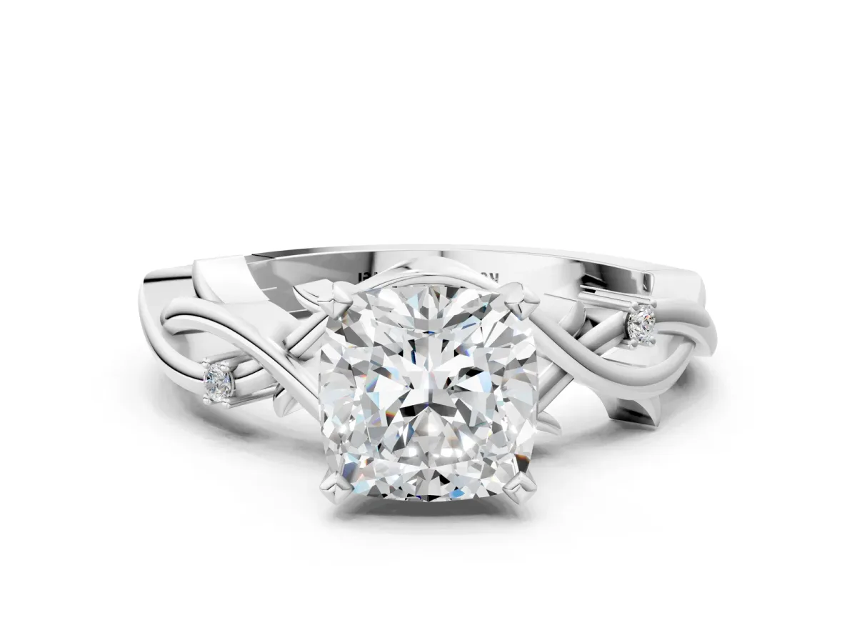 Cushion Cut Diamond Solitaire Ring with Twisted Band and Prong Setting Silver