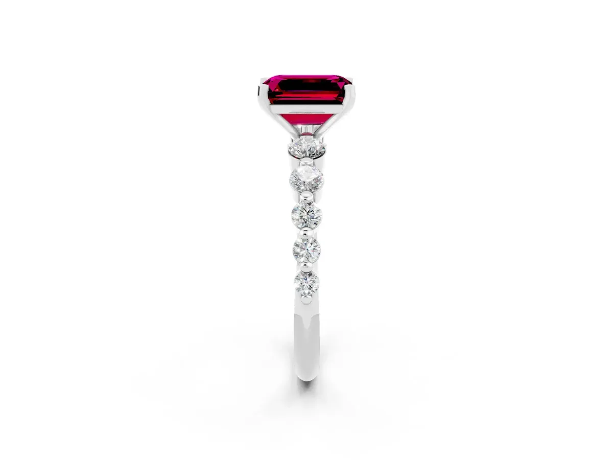 Emerald Cut Solitaire Garnet Ring with Pave Band and Four-Prong Setting Platinum