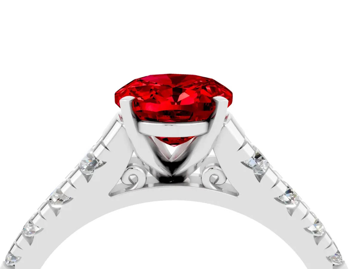 Oval Cut Ruby Cathedral Solitaire Ring with Round Pavé Band Silver