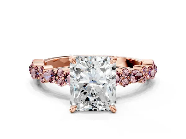 Radiant Cut Diamond Side Stone Solitaire Ring with Round Morganite and Four-Prong Setting Rose gold