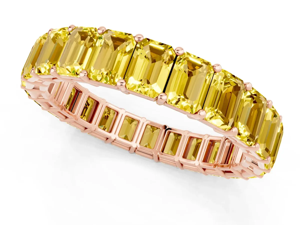 Emerald Cut Yellow Sapphire Eternity Band with Shared Prong Setting Rose gold