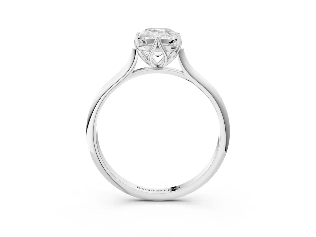 Emerald Cut Solitaire Cathedral Diamond Ring with Six-Prong Setting Silver