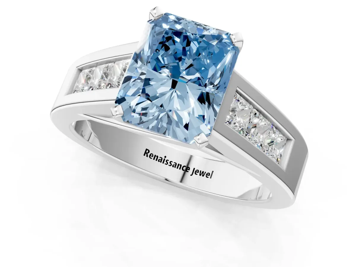 Fancy Blue Radiant Cut Cut Channel Set Solitaire Ring with Four-Prong Setting Platinum