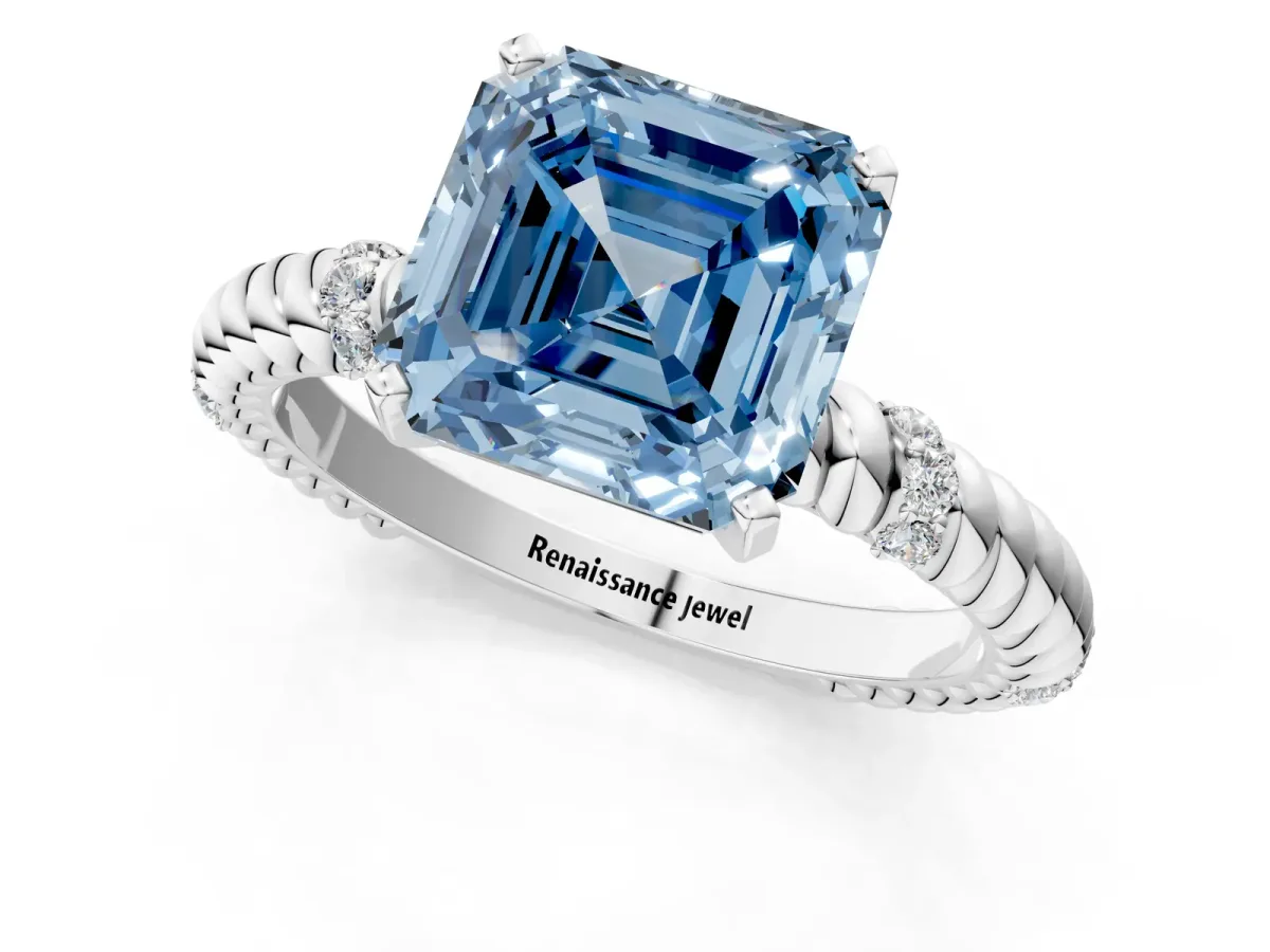Fancy Blue Asscher Cut Solitaire Twisted Band Prong Set Engagement Ring Platinum