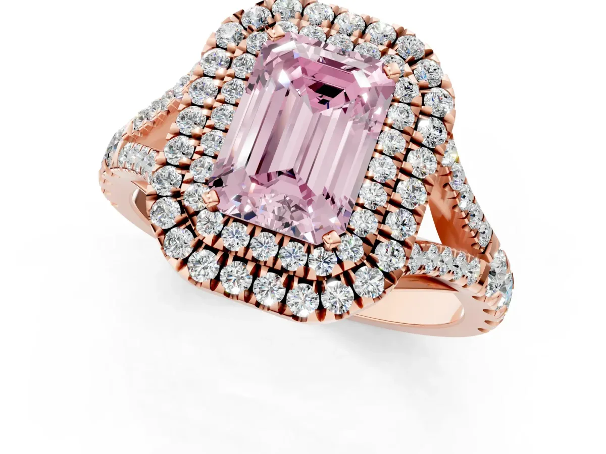 Fancy Pink Emerald Cut Diamond Double Halo Ring with Split Shank and Prong Setting Rose gold