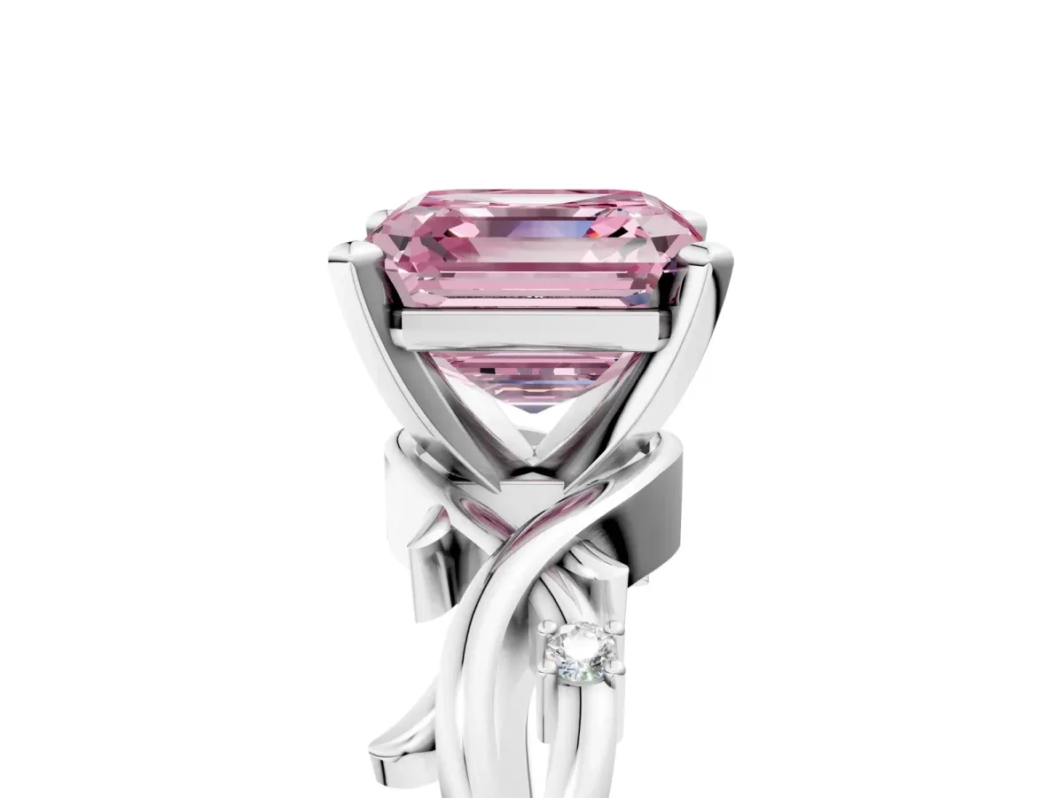 Fancy Pink Asscher Cut Diamond Solitaire Ring with Twisted Band and Prong Setting Platinum
