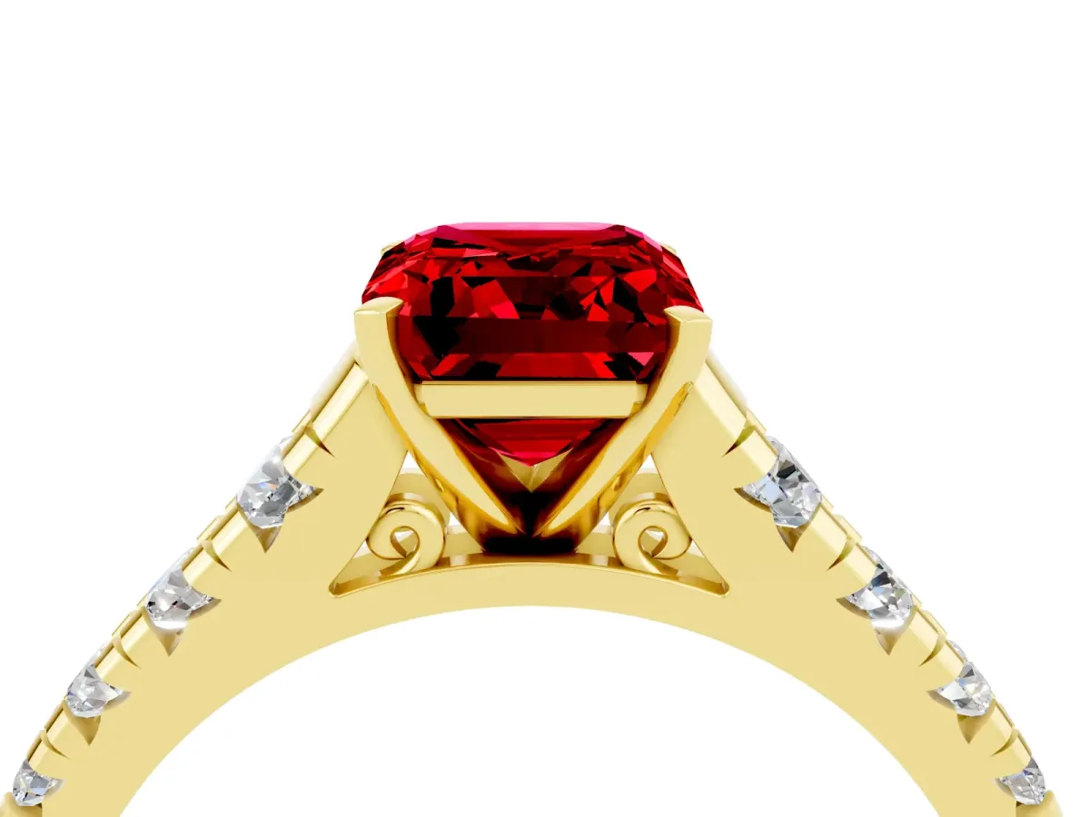 Emerald Cut Ruby Cathedral Solitaire Ring with Round Pavé Band Yellow gold