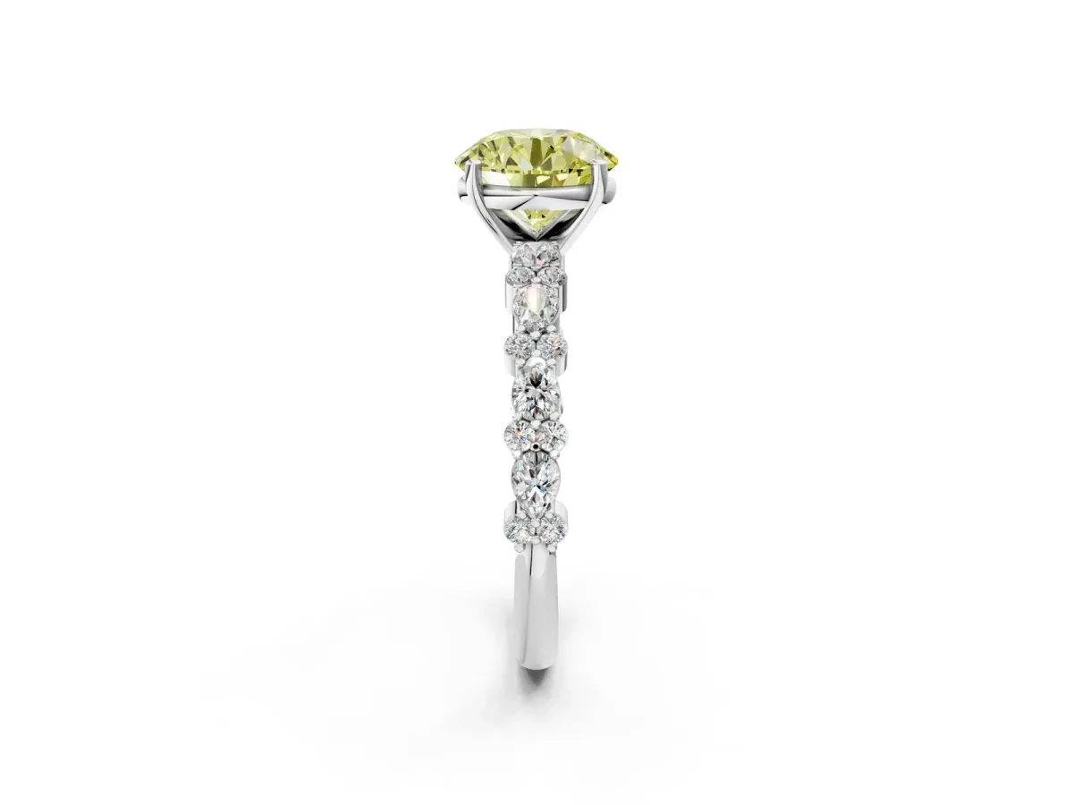 Fancy Yellow Round Cut Diamond Side Stone Solitaire Ring with Round and Four-Prong Setting White gold
