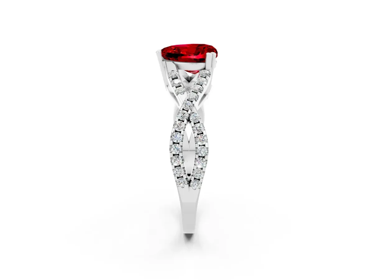Heart Cut Ruby Solitaire Ring with Four-Prong Setting and Twisted Pavé Band Silver
