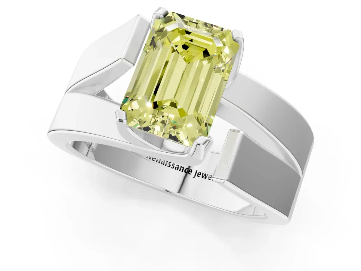 Fancy Yellow Modern Tension Set Emerald Cut Diamond Solitaire Wide Band Ring Silver