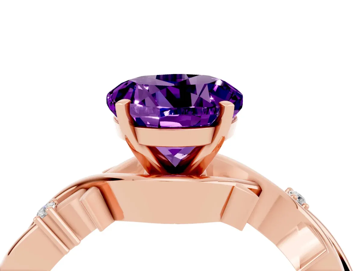 Round Cut Amethyst Solitaire Ring with Twisted Band and Prong Setting Rose gold