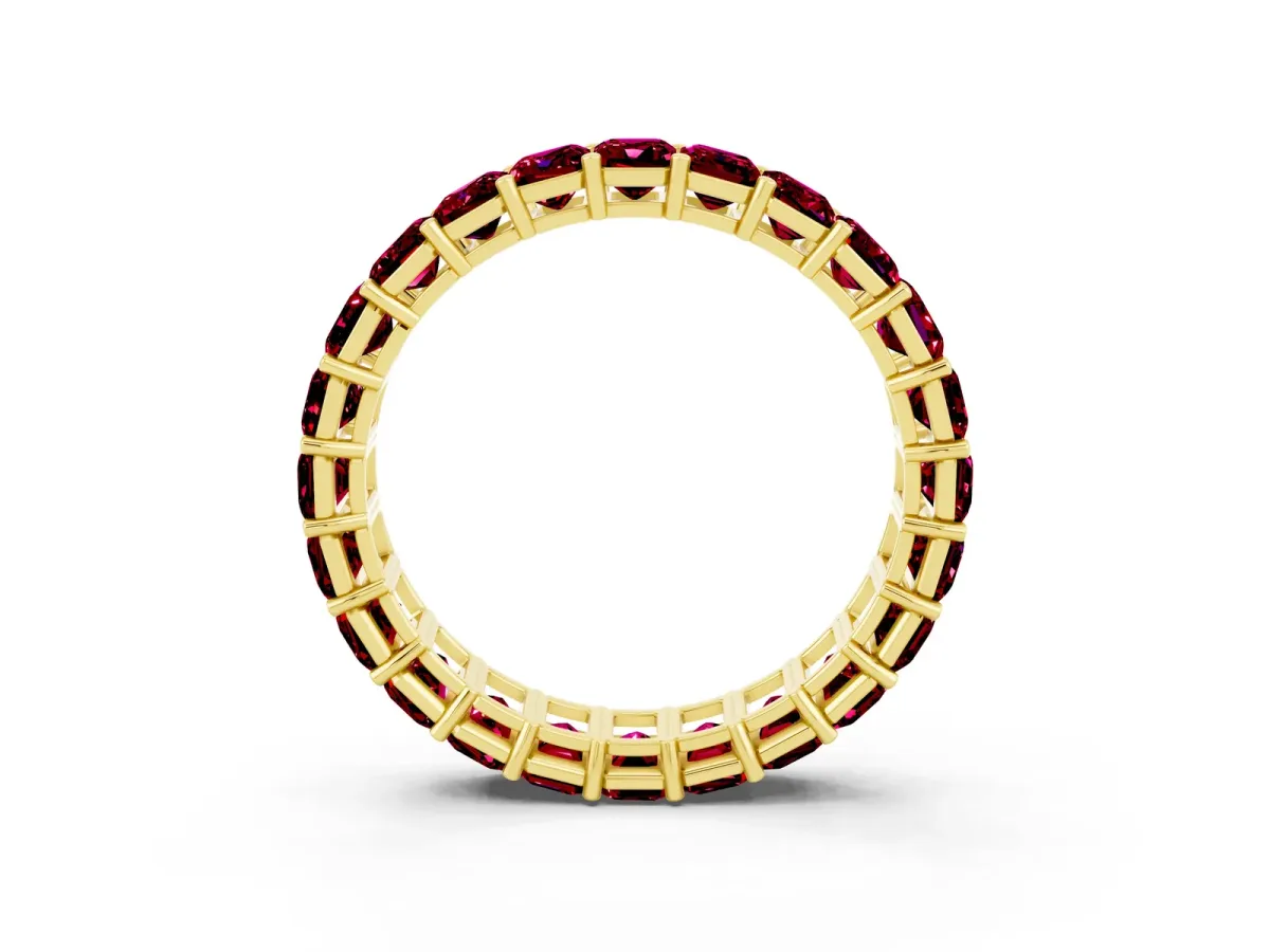 Emerald Cut Garnet Eternity Band with Shared Prong Setting Yellow gold