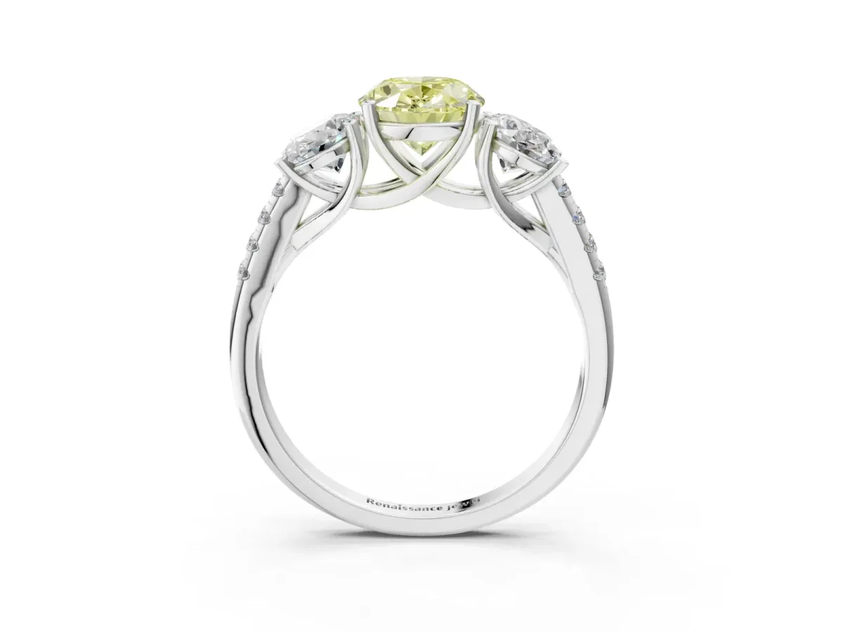 Fancy Yellow Three-Stone Oval Cut Diamond Ring with Round Pavé Band and Prong Setting Platinum