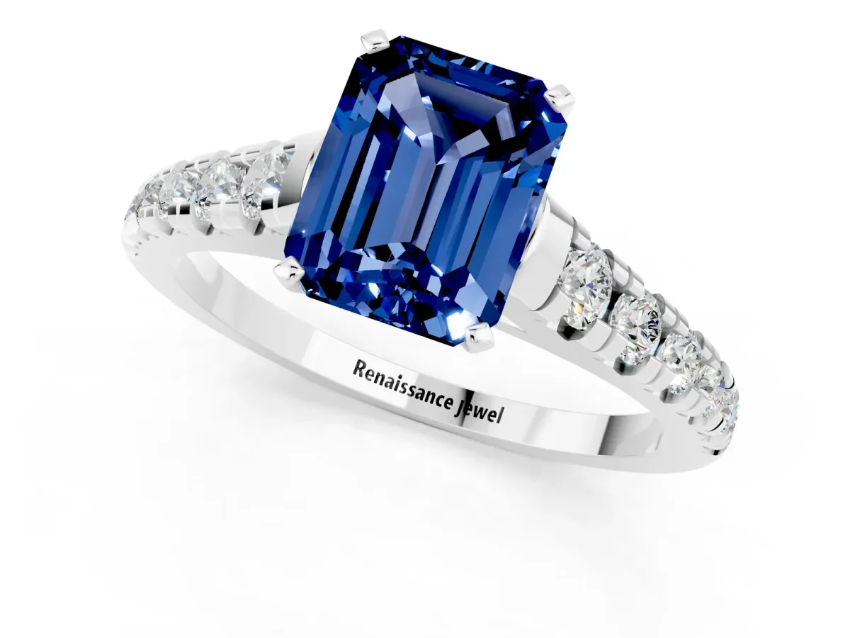Emerald Cut Blue Sapphire Cathedral Solitaire Ring with Round Pavé Band Silver