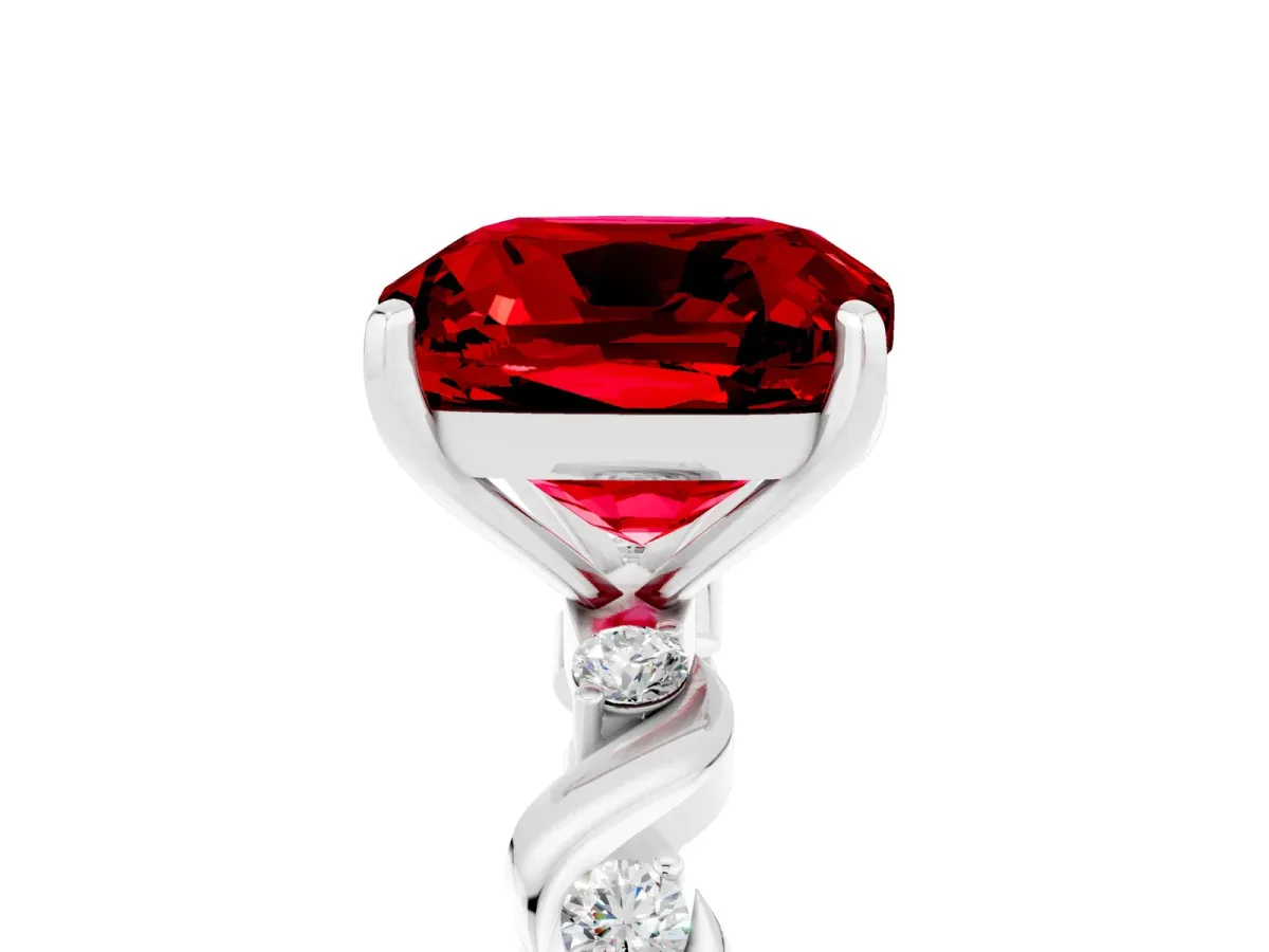 Cushion Cut Ruby Solitaire Twisted Band with Round Accents and Prong Setting Silver