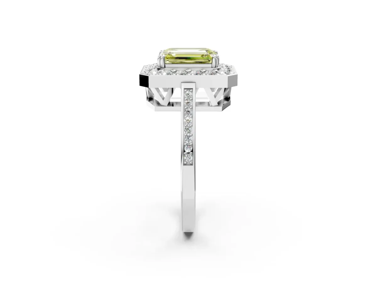 Fancy Yellow Emerald Cut Diamond Halo Ring with Split Shank and Four-Prong Setting White gold