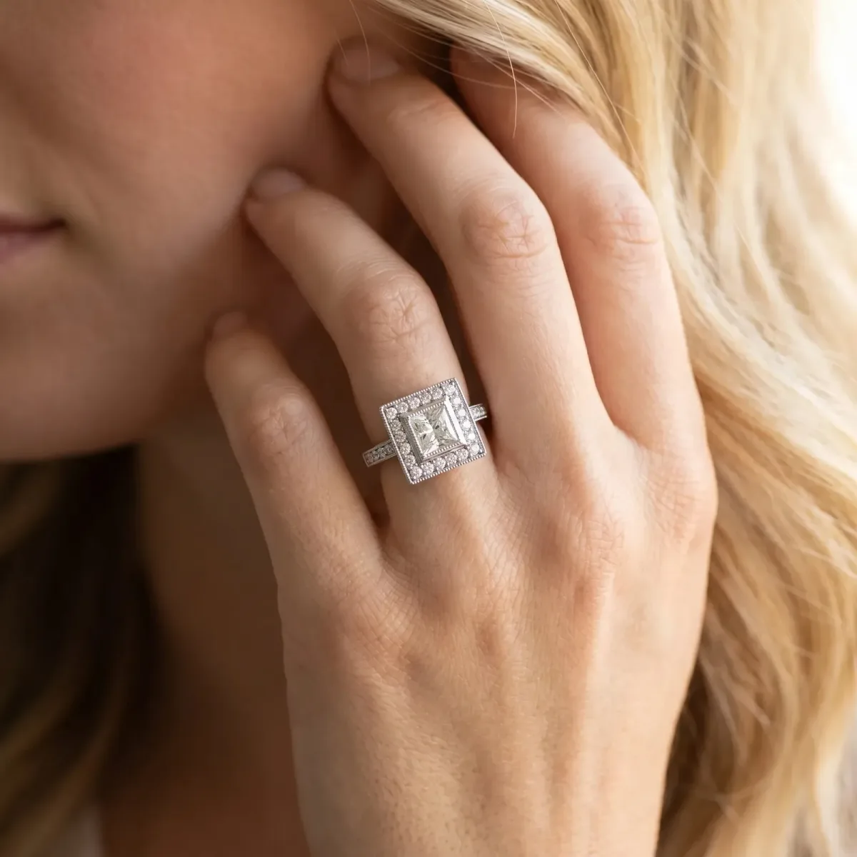 Princess Cut Cut Halo Pavé Diamond Ring Platinum
