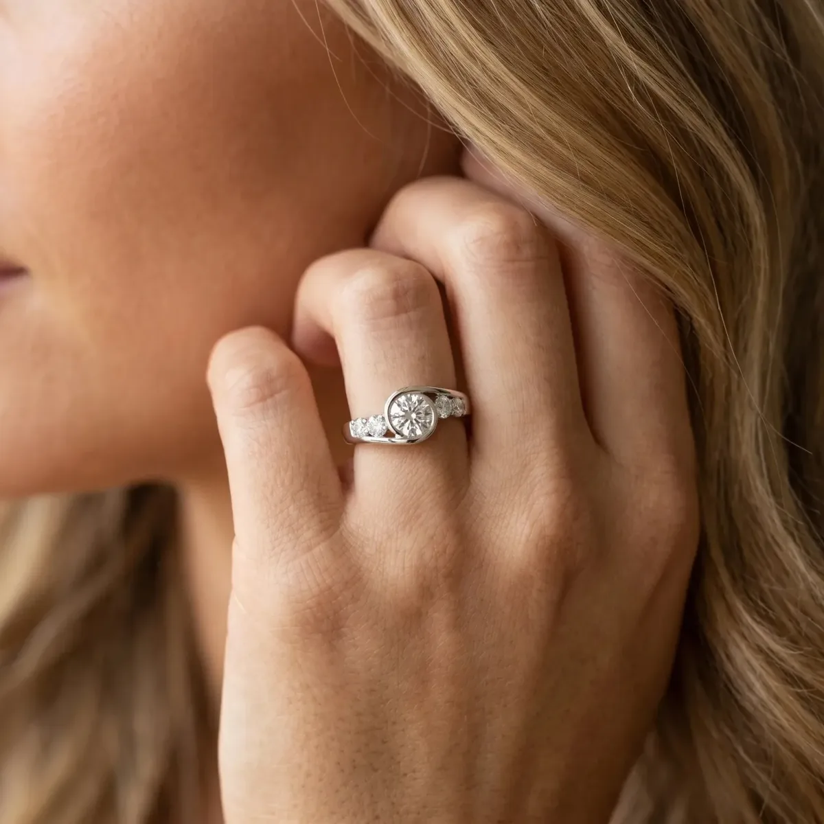 Bezel Set Asscher Cut Diamond Bypass Ring with Round Accents Platinum