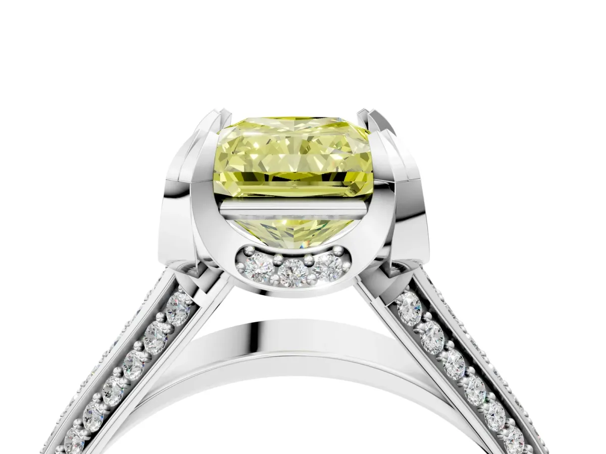 Fancy Yellow Radiant Cut Solitaire Pave Split Shank Ring with Four-Prong Setting Platinum
